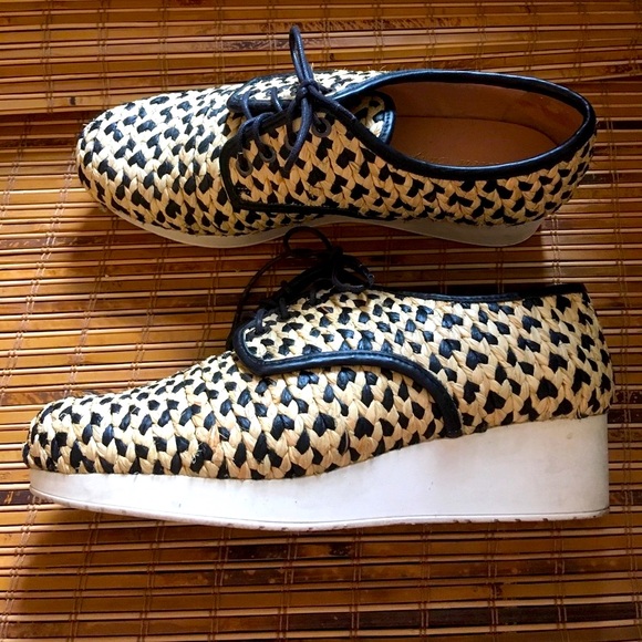 Robert Clergerie Raffia Platform Shoes Black Laces - Picture 3 of 7